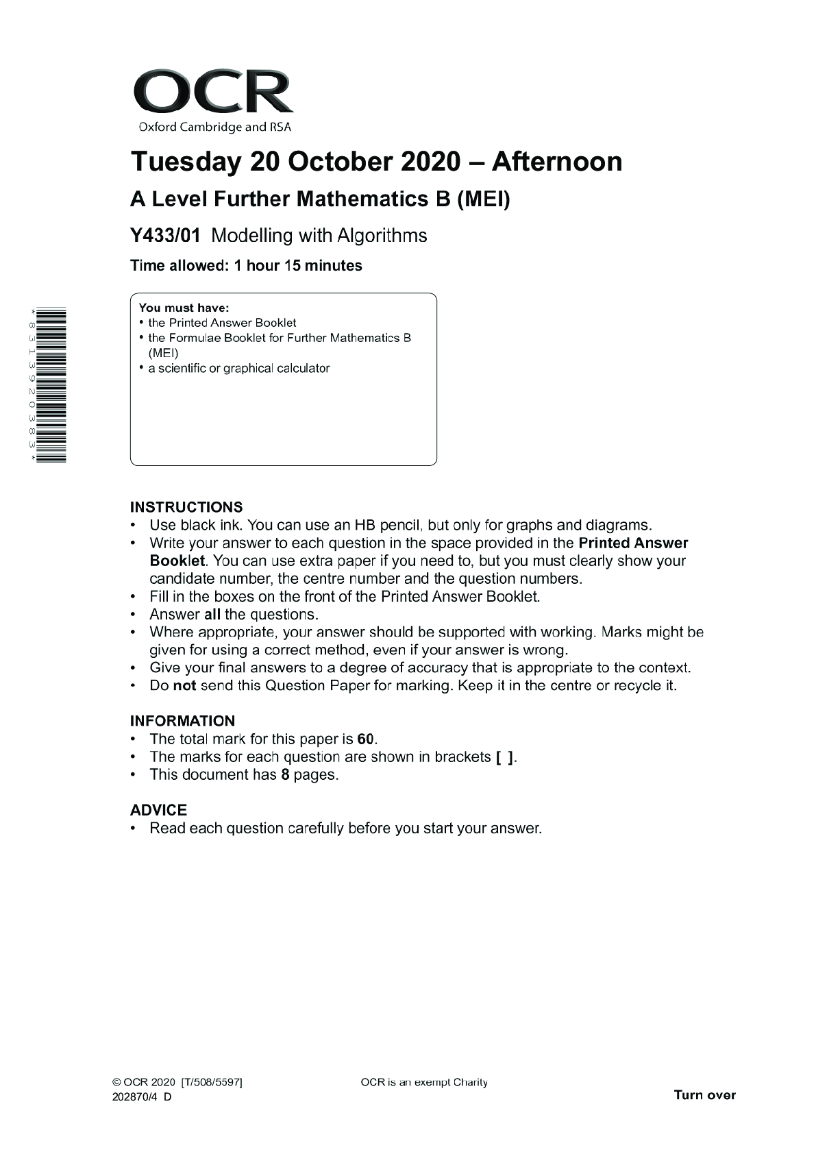 Preview image for Further Mathematics B (MEI) Y433/01: Modelling with algorithms Advanced GCE QUESTION PAPER for November 2020